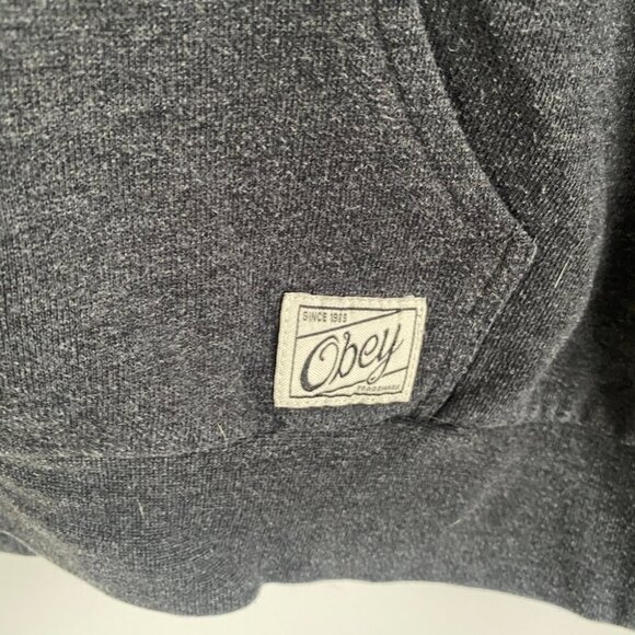 Obey Black and Grey Long Sleeve Pocket Hoodie Sweatshirt Size Medium - Picture 2 of 7